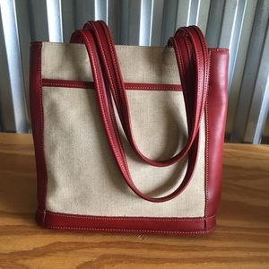 Coach red leather and tan canvas tote bag
